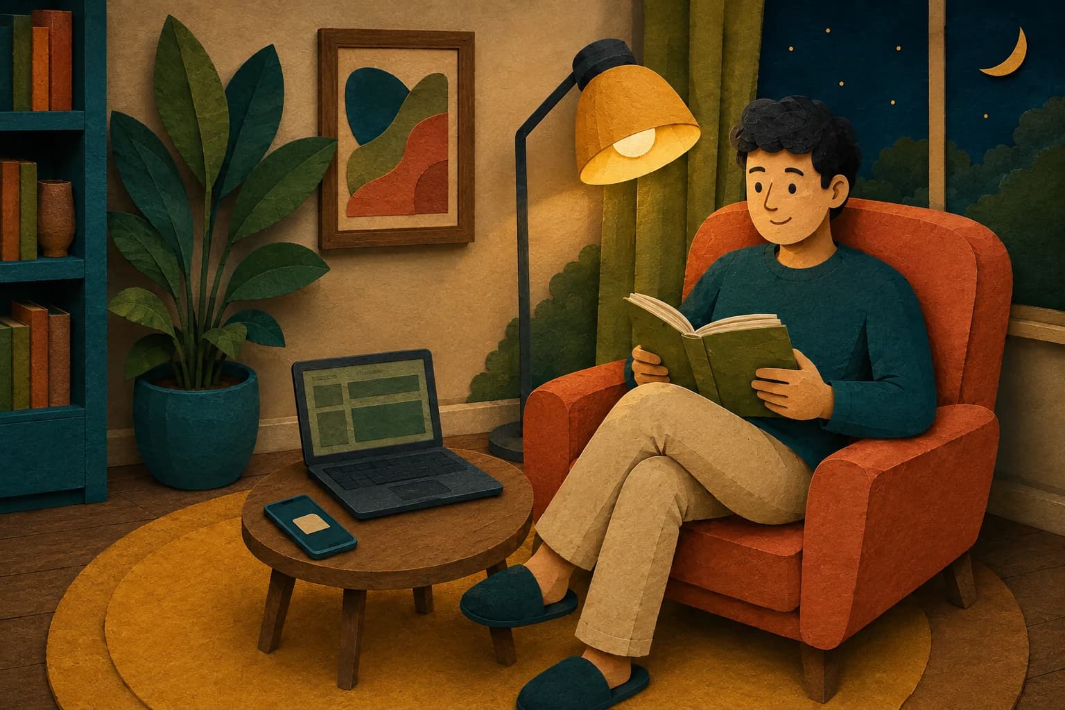 A person reads in an armchair while a phone notification sits beside an open laptop on the side table.