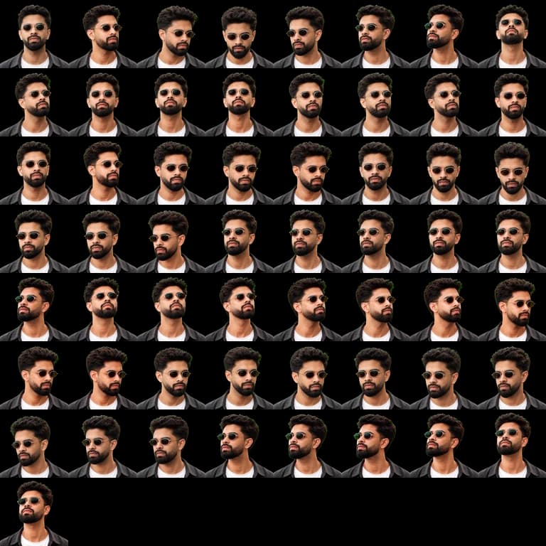 The shipped portrait atlas, with nine main poses followed by three intermediate frames for each of sixteen transitions. Seven cells at the end are empty.