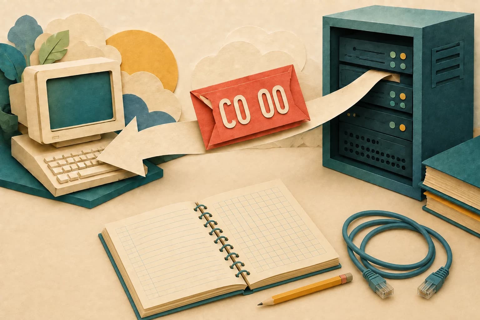 A coral packet marked C0 00 travels from a server toward a client computer, above an engineer's notebook and network cable.