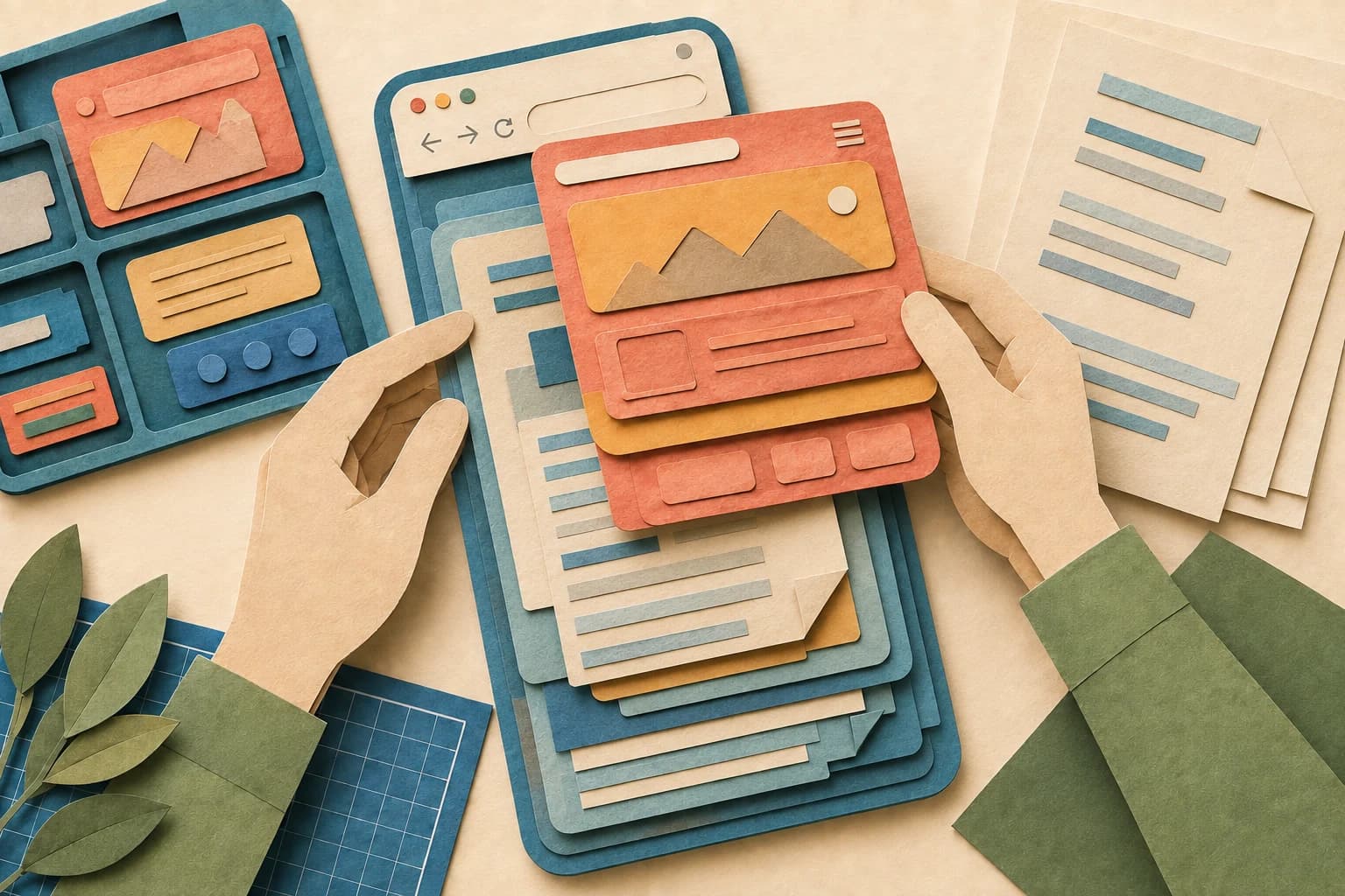 Paper hands lift browser interface panels to reveal layered pages and source documents beneath.
