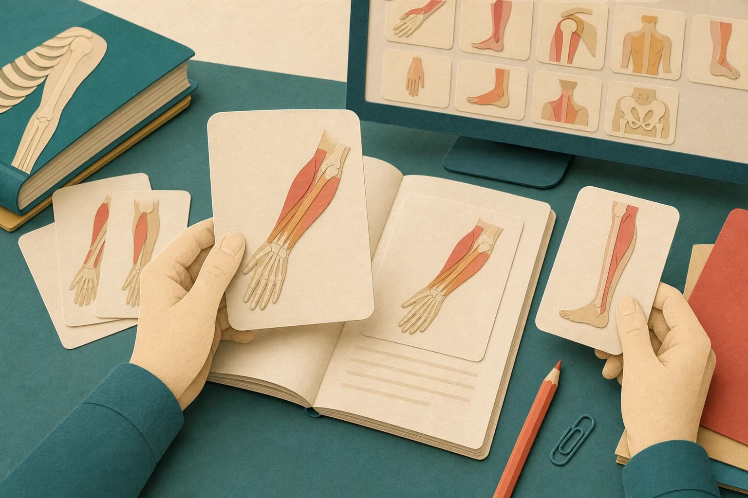 An editor compares a forearm illustration with the matching picture in a lesson, while setting aside a lower-leg image.