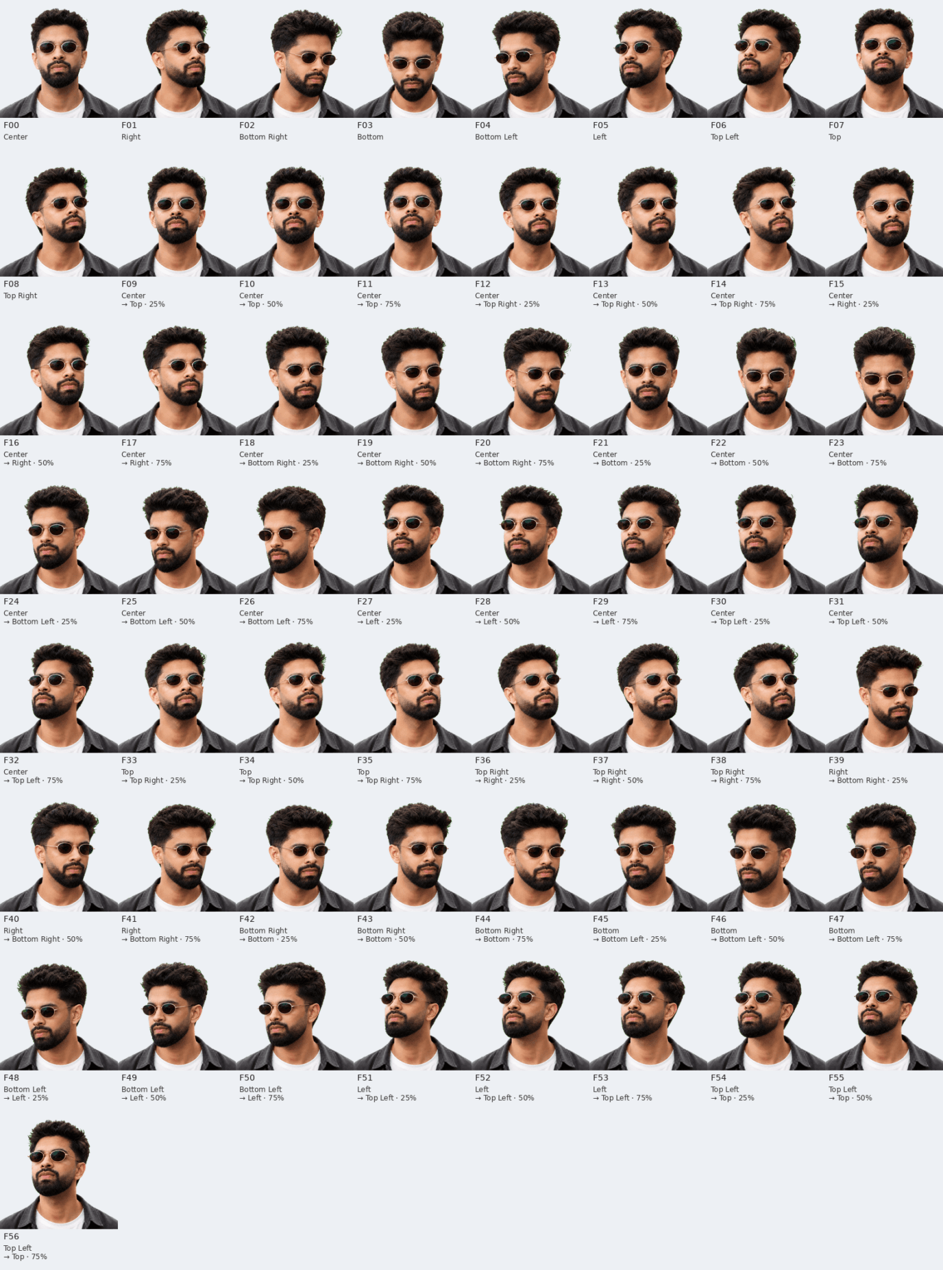 The original 57-frame review contact sheet, labeled F00 through F56 with each endpoint direction or intermediate transition and percentage.