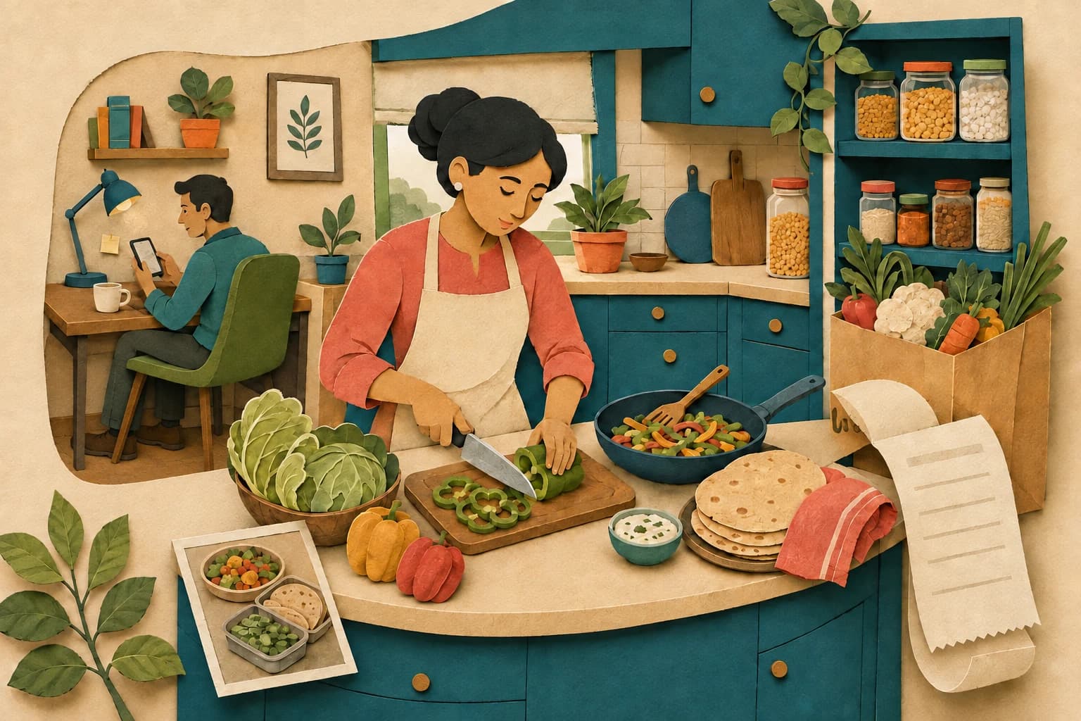 A paper kitchen scene with a cook chopping vegetables, a pantry of ingredients, and a family member using a phone at a nearby desk.