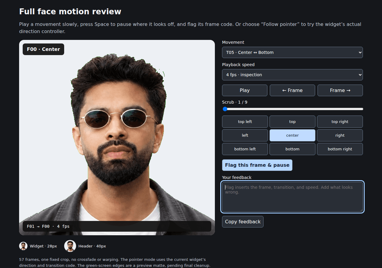The original motion reviewer with a labeled portrait, movement and speed selectors, frame stepping, a scrubber, and a Flag this frame and pause button above the feedback box.