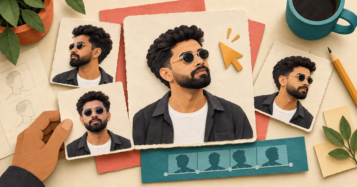 Cut-paper portraits of Sid in several head poses, with the central face turned toward a saffron mouse cursor.