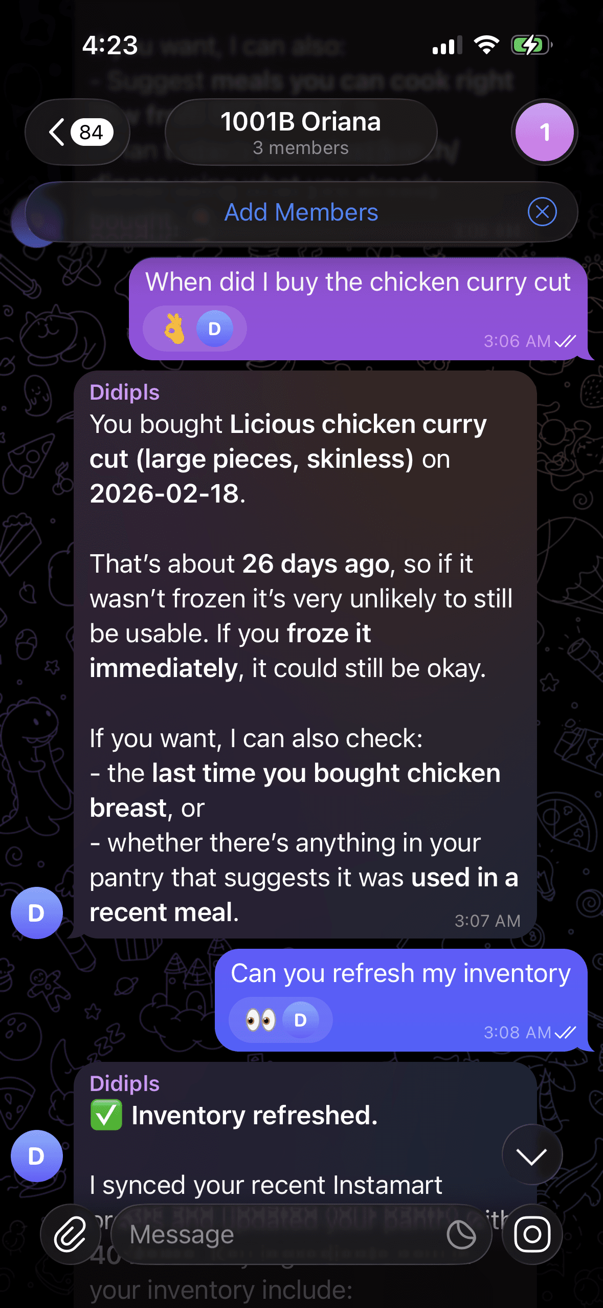 Telegram conversation where ZeroClaw reports a chicken purchase date and refreshes inventory