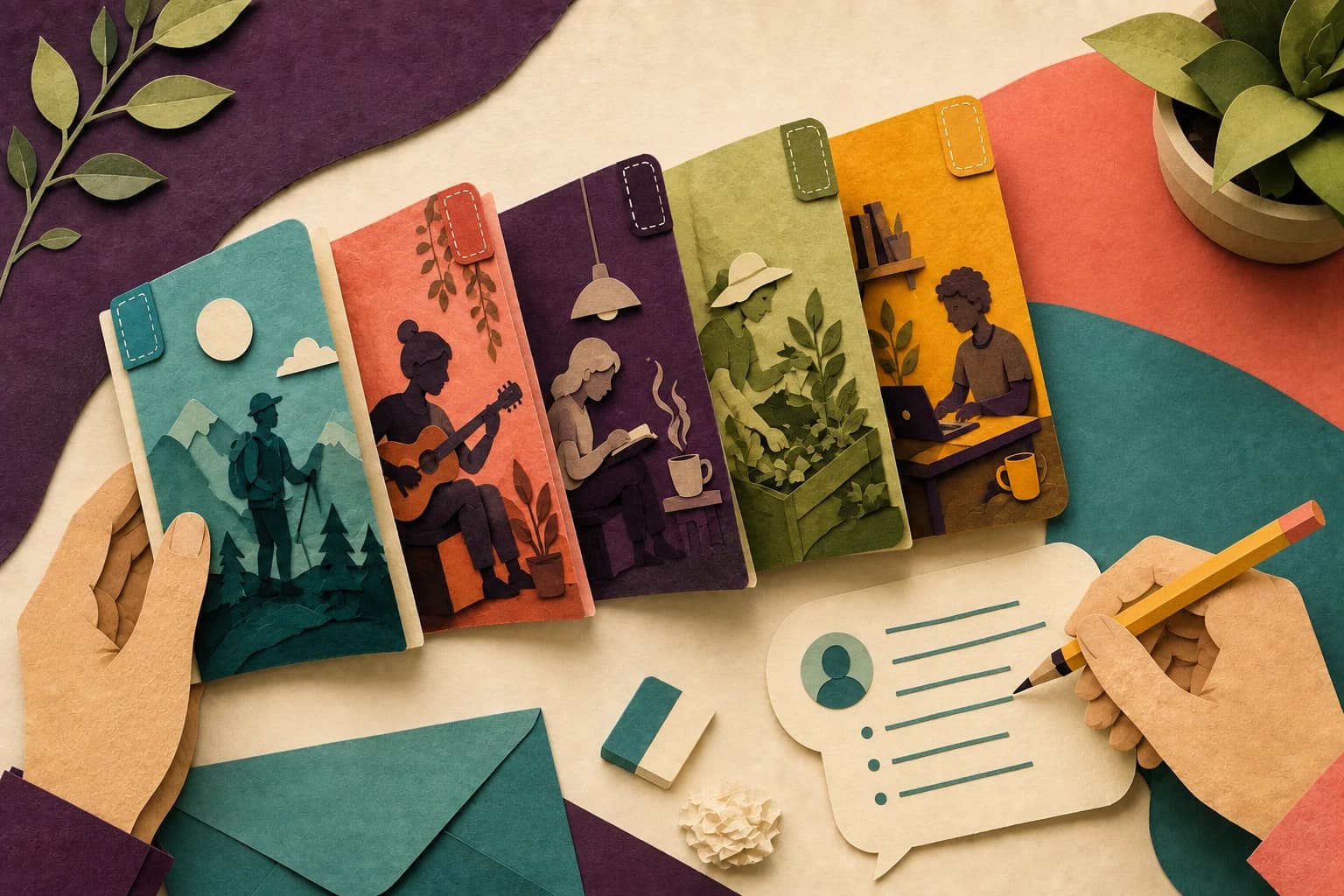 A hand spreads five fictional profile cards while another edits a separate conversation draft with a pencil.