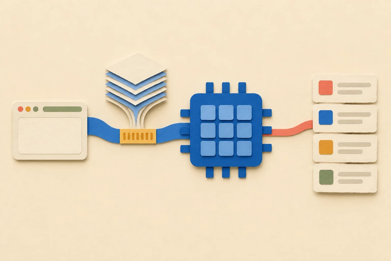 A paper-cut diagram showing compact int5 weight codes being restored to float32, processed by a WGSL WebGPU compute pass, then read back to TypeScript for Viterbi decoding and UTF-16 spans.