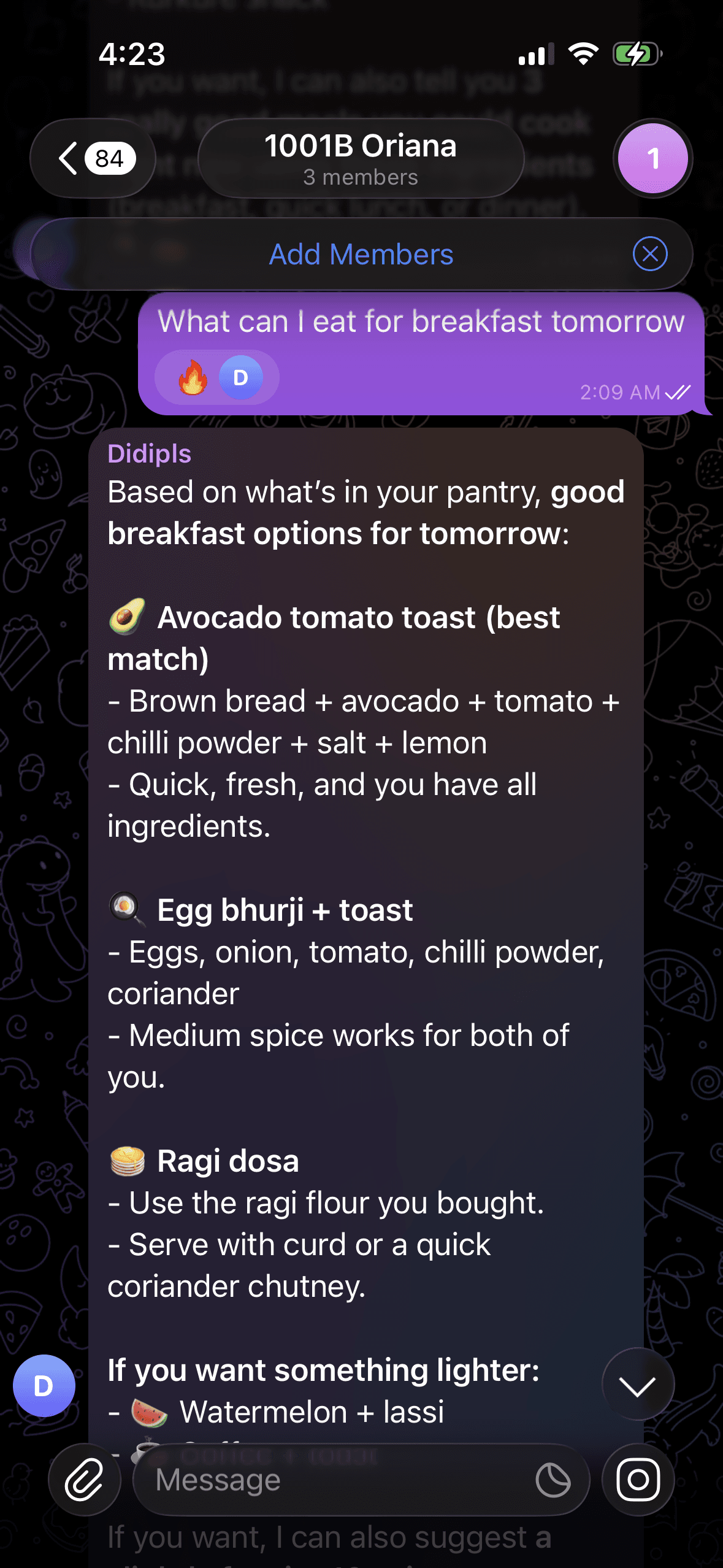 Telegram conversation where ZeroClaw suggests breakfast options based on pantry ingredients