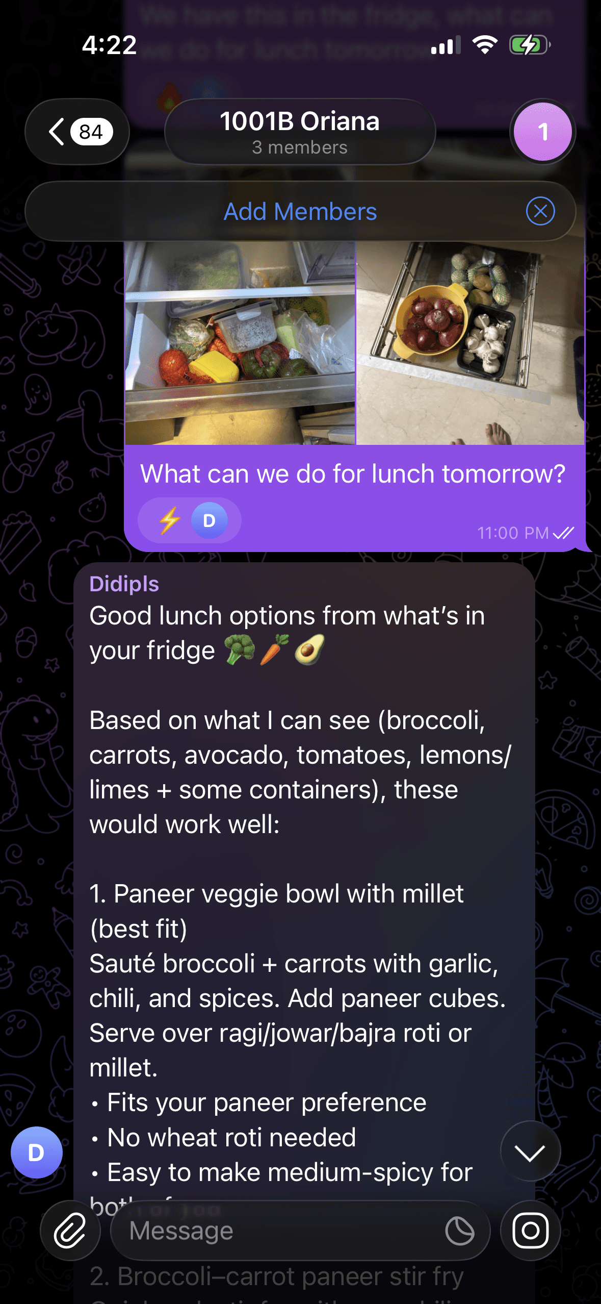 Telegram conversation with two fridge photos and ZeroClaw suggesting lunch dishes from visible vegetables