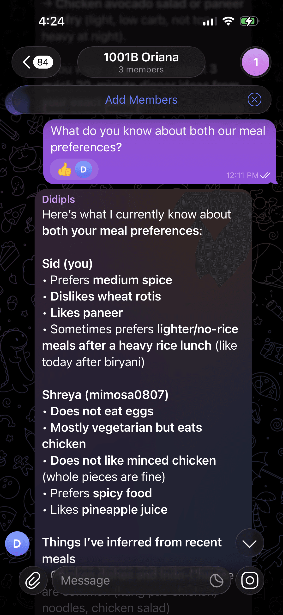 Telegram conversation where ZeroClaw summarizes Sid and Shreya's meal preferences