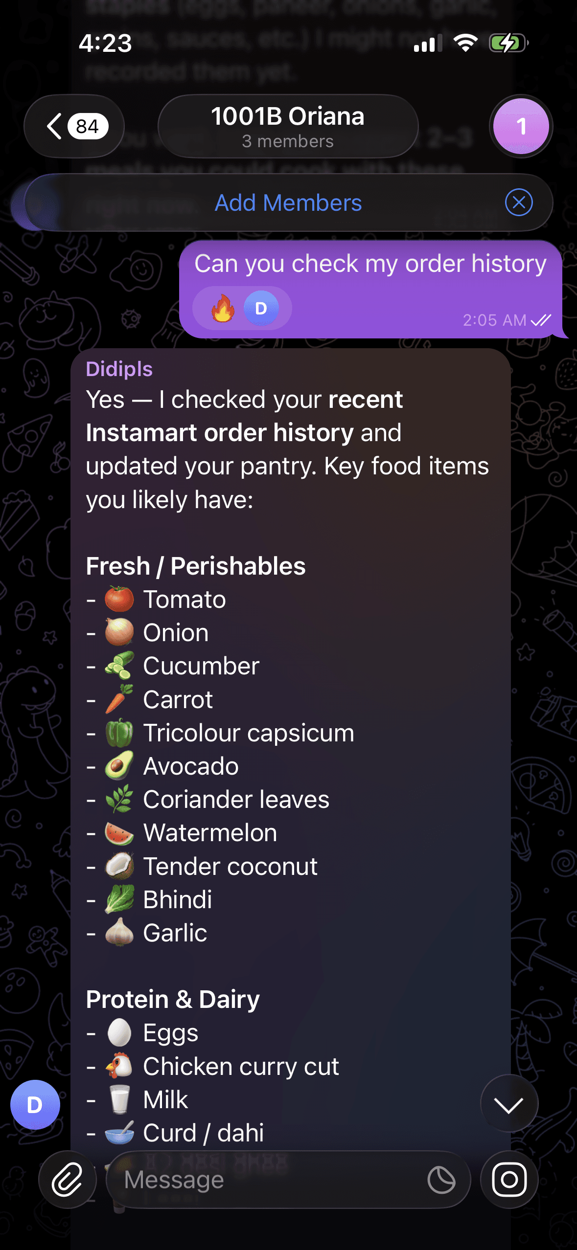 Telegram conversation showing ZeroClaw derive a pantry list from recent Instamart order history